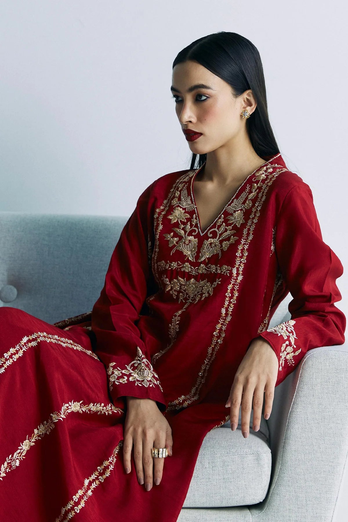 A classic deep red premium rawsilk By Zara Shahjahan