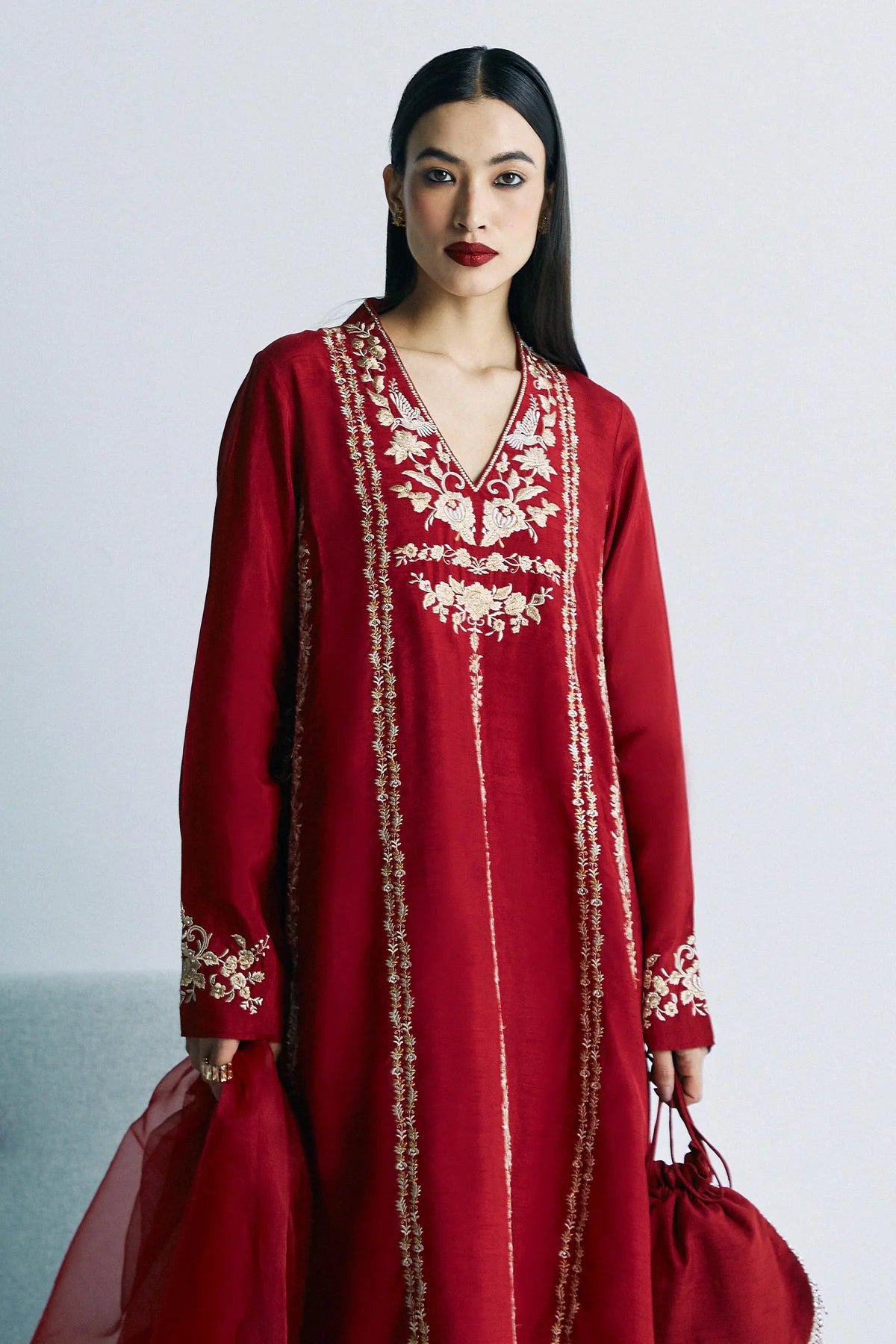 A classic deep red premium rawsilk By Zara Shahjahan