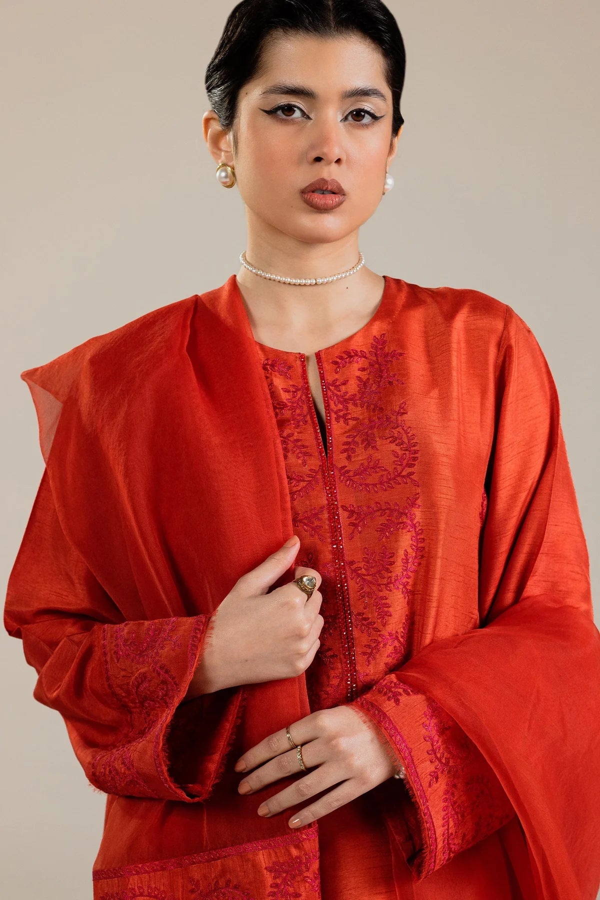 3-Piece Embroidered kurta in orange with crystal detail By Zara Shahjahan