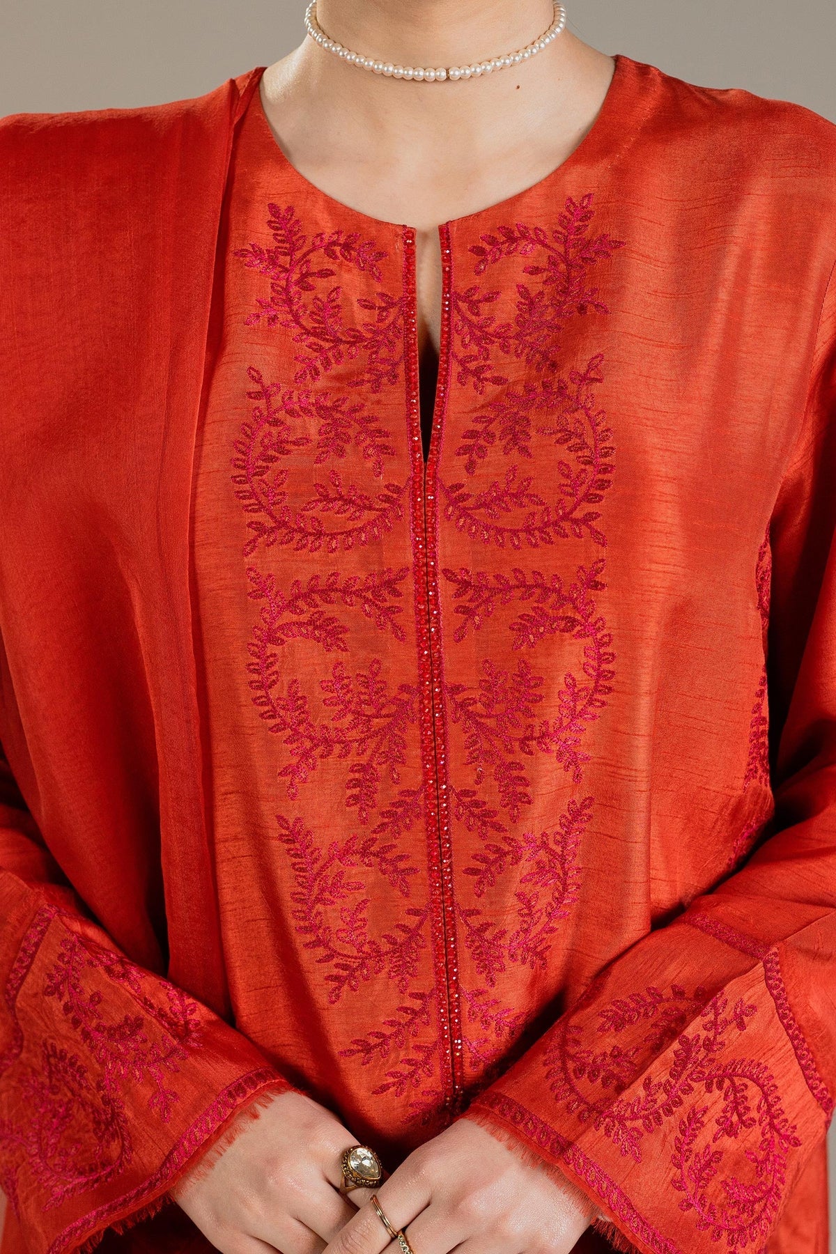 3-Piece Embroidered kurta in orange with crystal detail By Zara Shahjahan