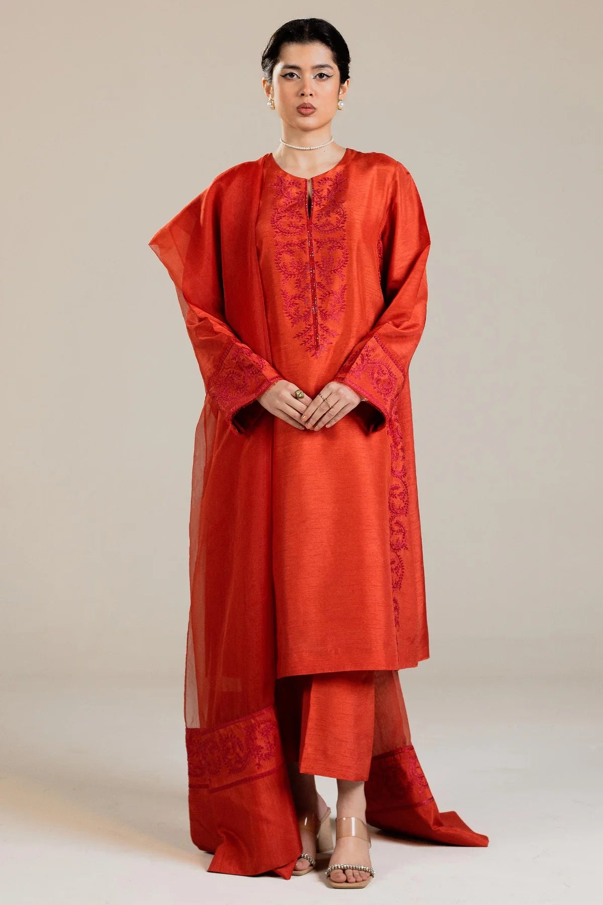 3-Piece Embroidered kurta in orange with crystal detail By Zara Shahjahan