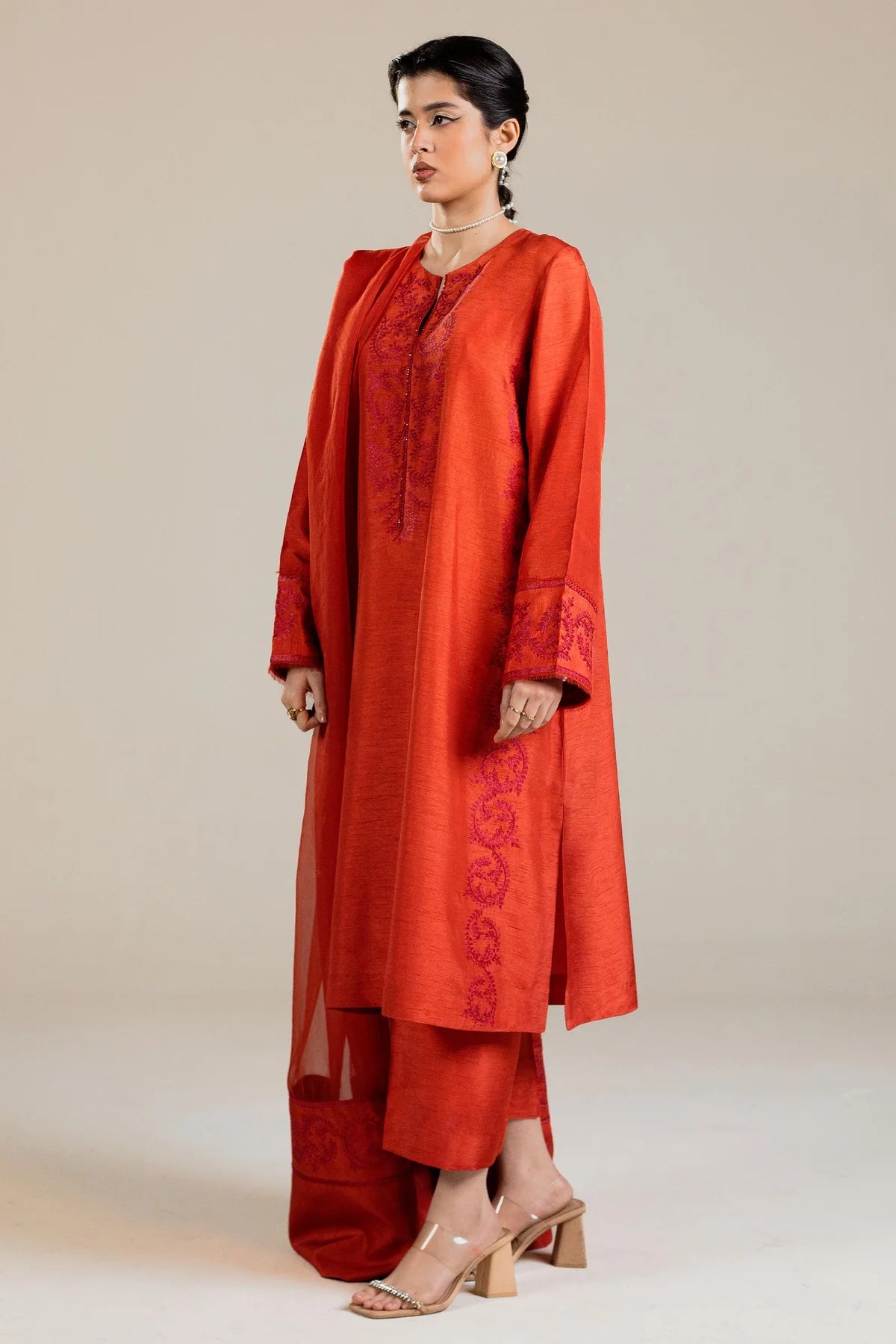 3-Piece Embroidered kurta in orange with crystal detail By Zara Shahjahan