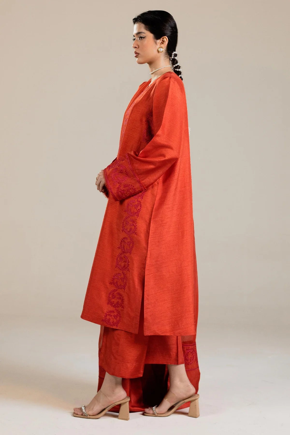 3-Piece Embroidered kurta in orange with crystal detail By Zara Shahjahan
