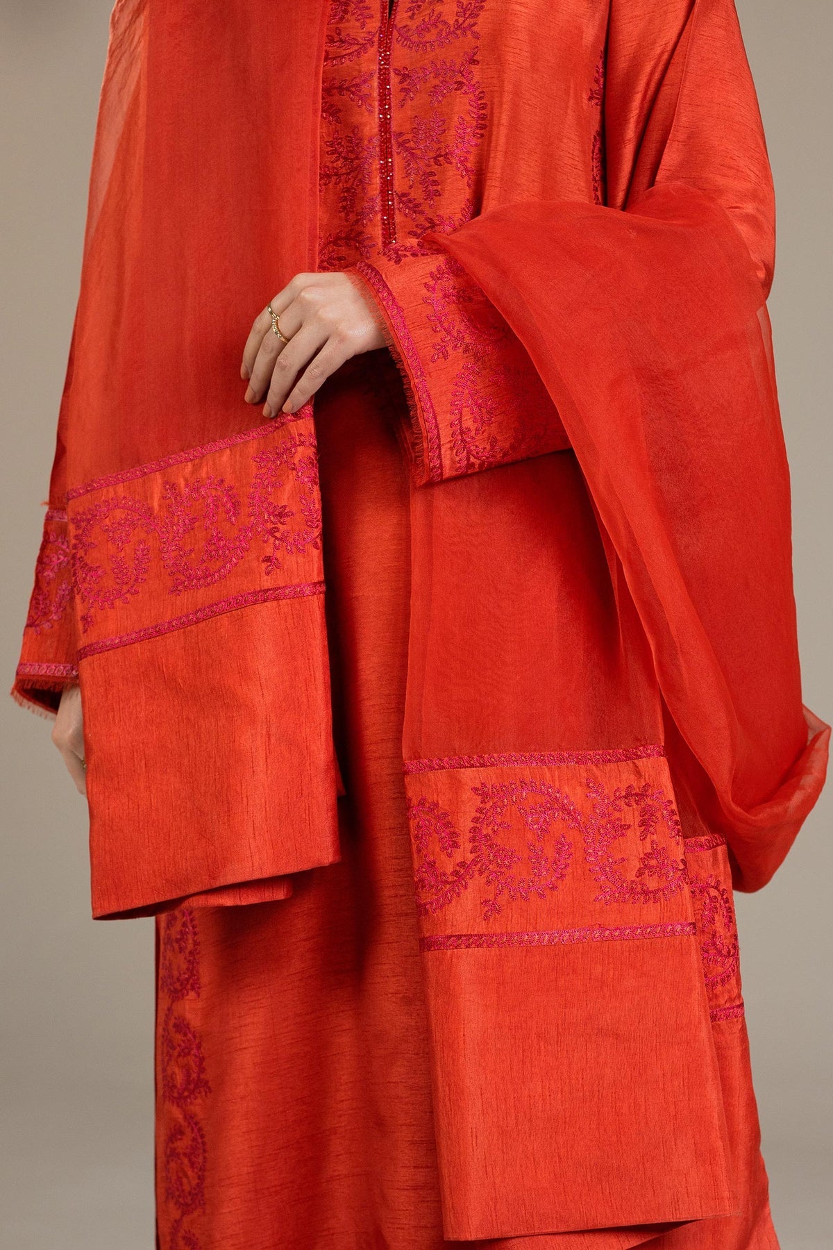 3-Piece Embroidered kurta in orange with crystal detail By Zara Shahjahan