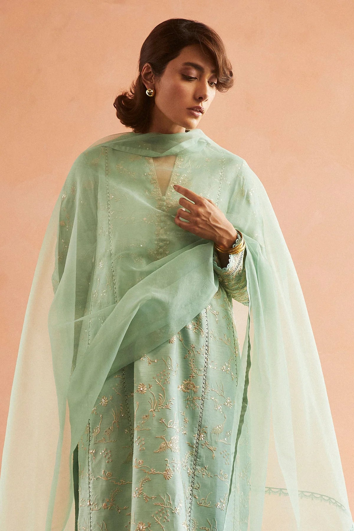 3-Piece Aqua set features an embroidered front, back and sleeves By Zara Shahjahan